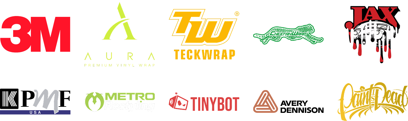 Layout featuring leading brands in the vinyl industry which includes 3M, Aura Premium Vinyl Wrap, Teckwrap, Cheetah Wrap, Jax Wax, KPMF, Metro Restyling, Tinybot, Avery Dennison, and Paint is Dead