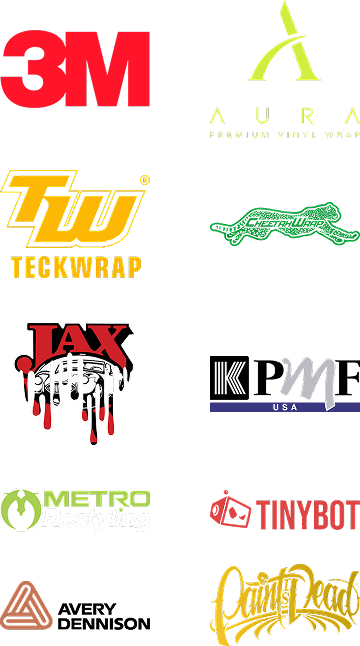 Layout featuring leading brands in the vinyl industry which includes 3M, Aura Premium Vinyl Wrap, Teckwrap, Cheetah Wrap, Jax Wax, KPMF, Metro Restyling, Tinybot, Avery Dennison, and Paint is Dead