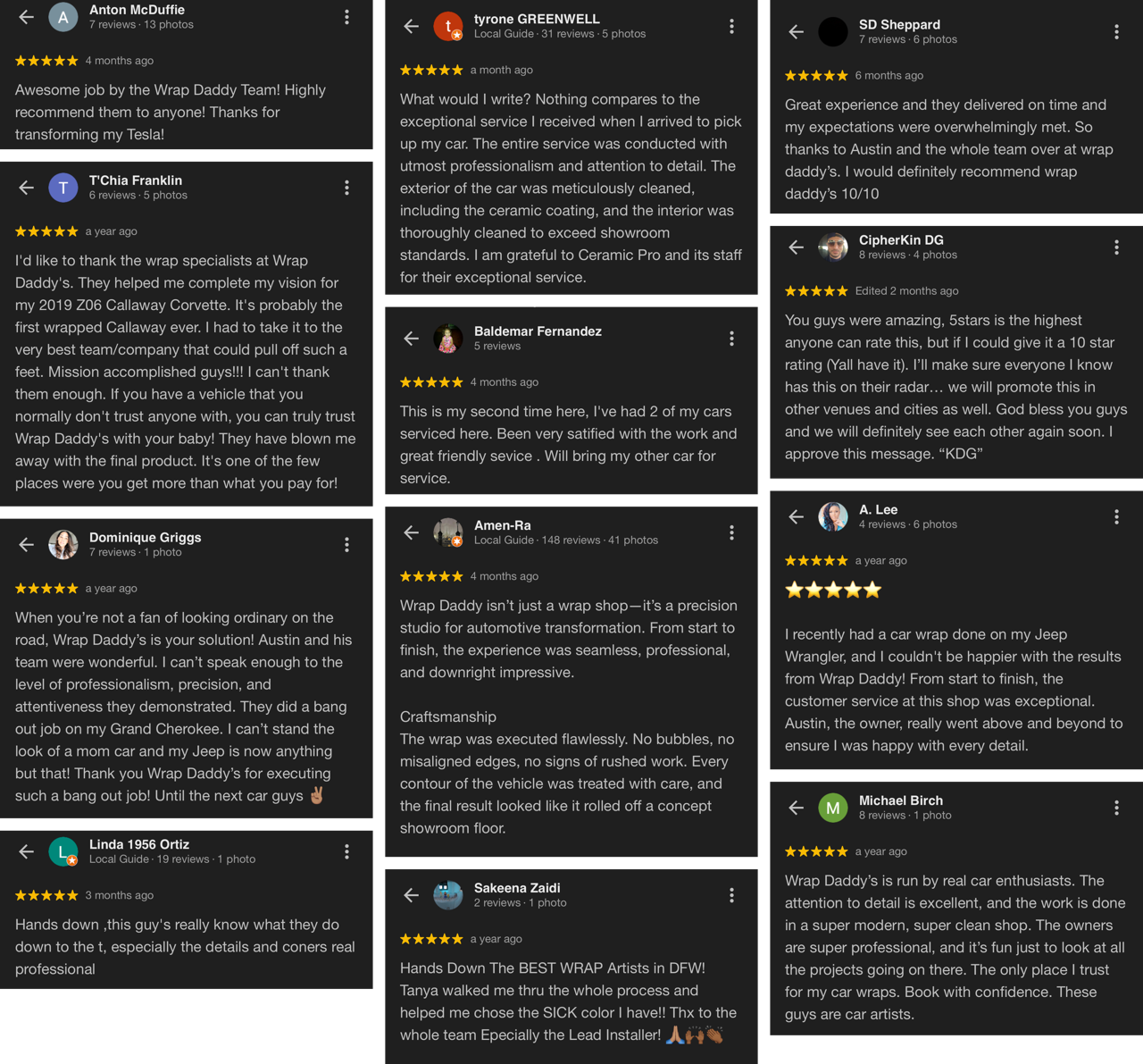 Five star google reviews under Wrap Daddy's Google Business profile.