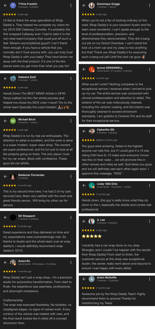Five star google reviews under Wrap Daddy's Google Business profile.