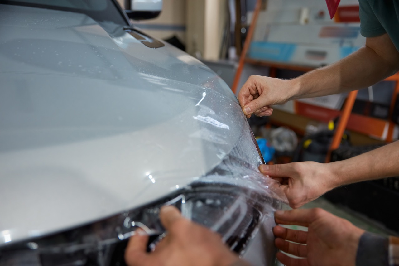 Self-healing paint protection film being installed onto a vehicle