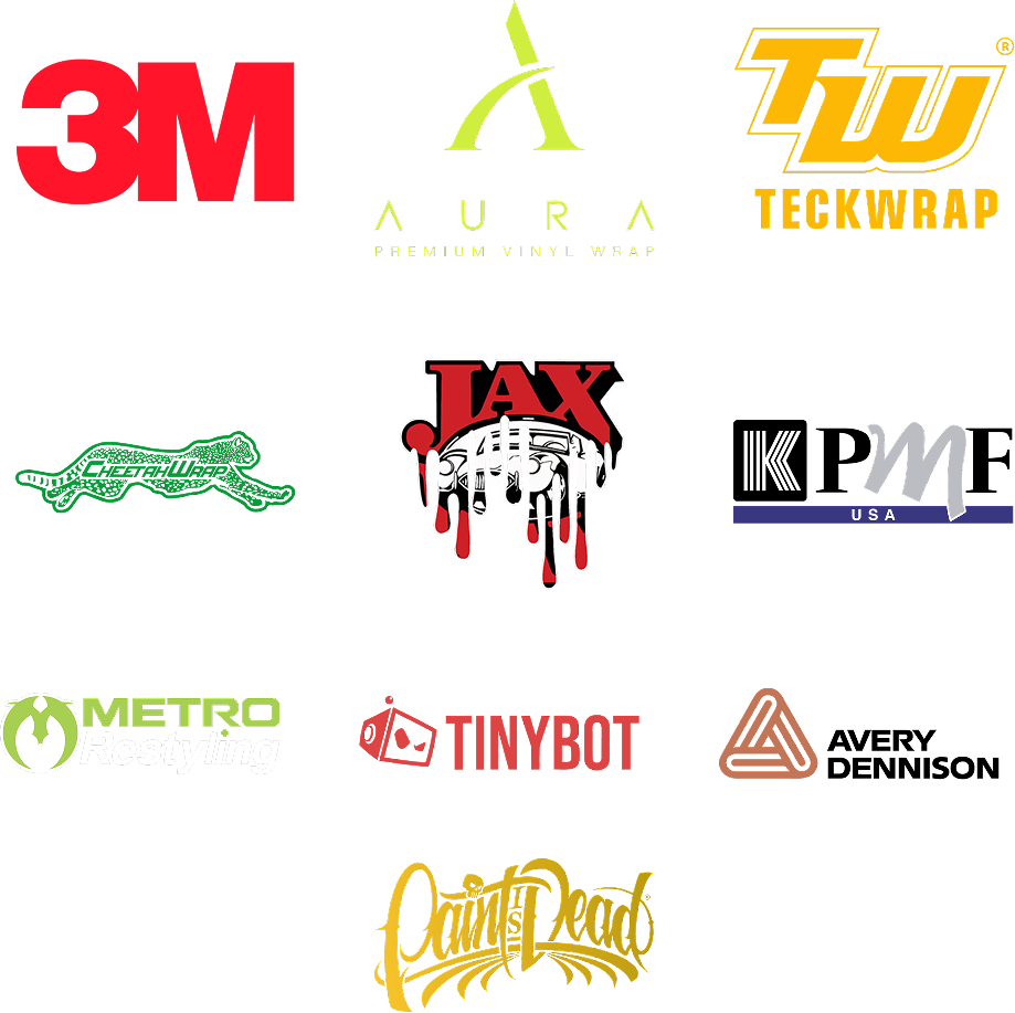 Layout featuring leading brands in the vinyl industry which includes 3M, Aura Premium Vinyl Wrap, Teckwrap, Cheetah Wrap, Jax Wax, KPMF, Metro Restyling, Tinybot, Avery Dennison, and Paint is Dead